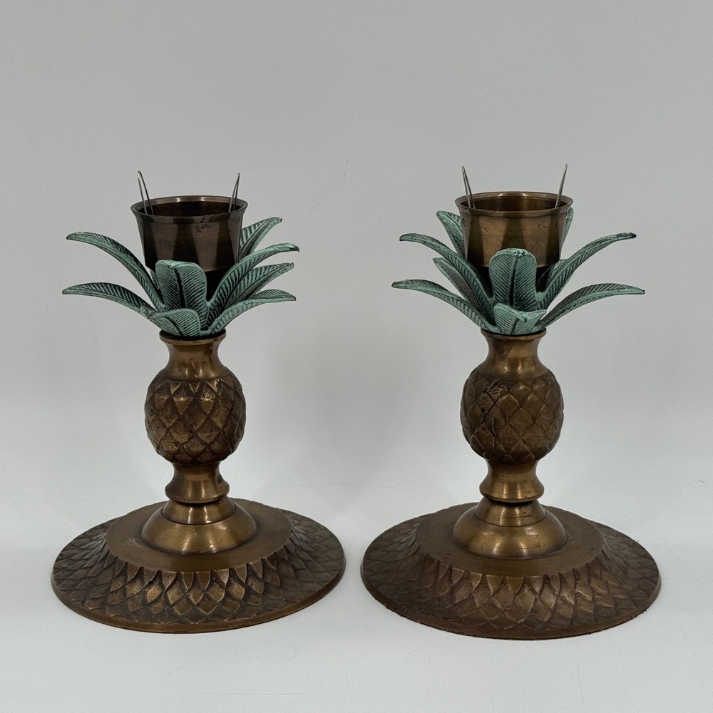 Vintage Brass Pineapple Candle Holders Pair Tropical Palm Beach Coastal Decor